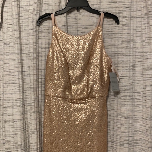 rose gold dress nordstrom La Femme Women's Soft Sequin Long Gown In Rose Gold